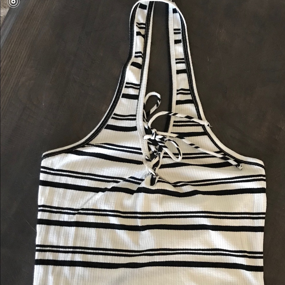 Black and white stripped lace up tank